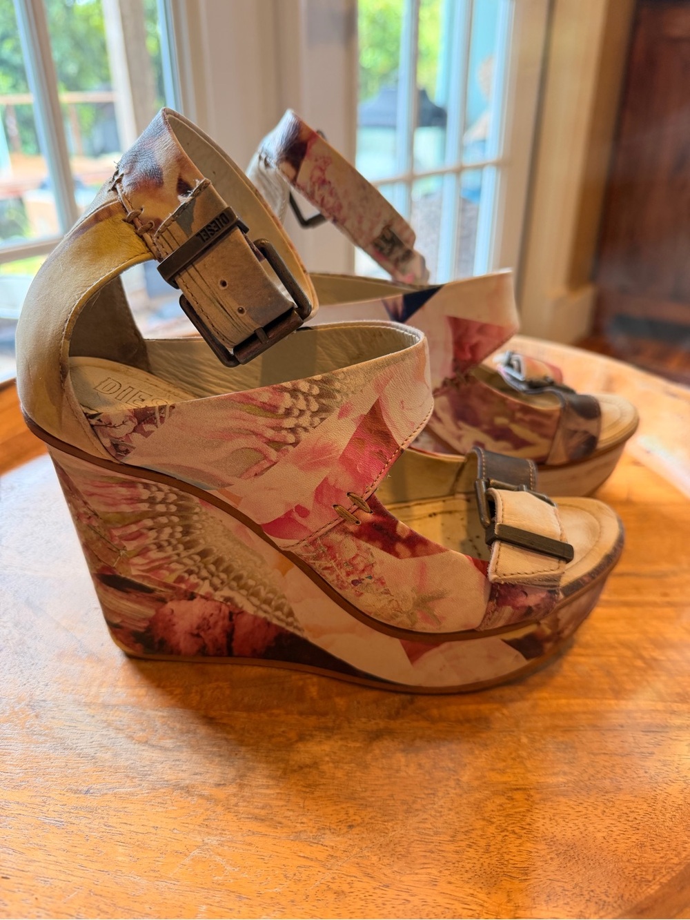Diesel Pink Floral leather Wedge Sandals with Buckle Straps